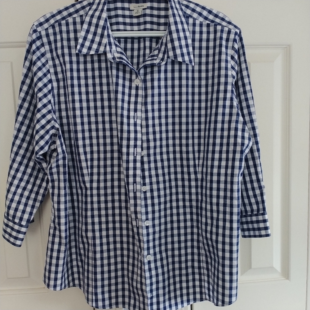 L.L. Bean Button Front Blue Plaid Oxford Shirt XL